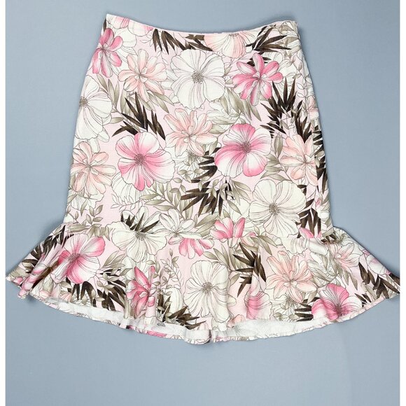 Y2K Ruffled Skirt | Vintage Pink Beige Tropical Floral Short Ruffled Skirt - Picture 2 of 8